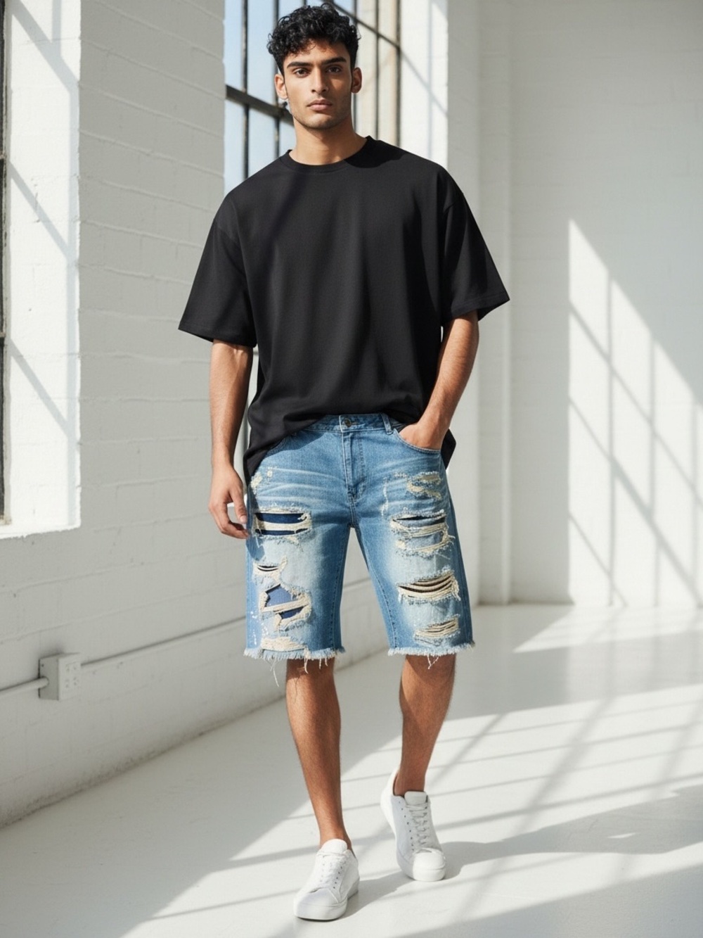 Men's Light Blue Distressed Denim Jean Shorts with Raw Hem